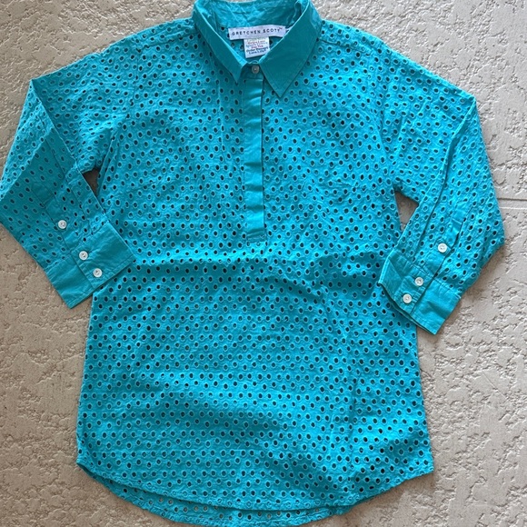 Gretchen Scott Designs Tops - Gretchen Scott Designs Turquoise Eyelet Blouse